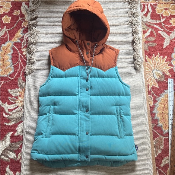 Patagonia Bivy Down Puffer Vest hooded Mogul Blue Turquoise teal Rust Womens M - Picture 4 of 12